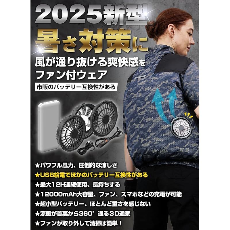 LABEWVI ファン付きベスト 半袖 バッテリー付属 USB給電式 3段階調節 強力風量 2025最 ファン付き作業着 軽量 薄型 涼感 通気 熱中症対策 男女兼用 汗臭を抑える 丸洗い 0