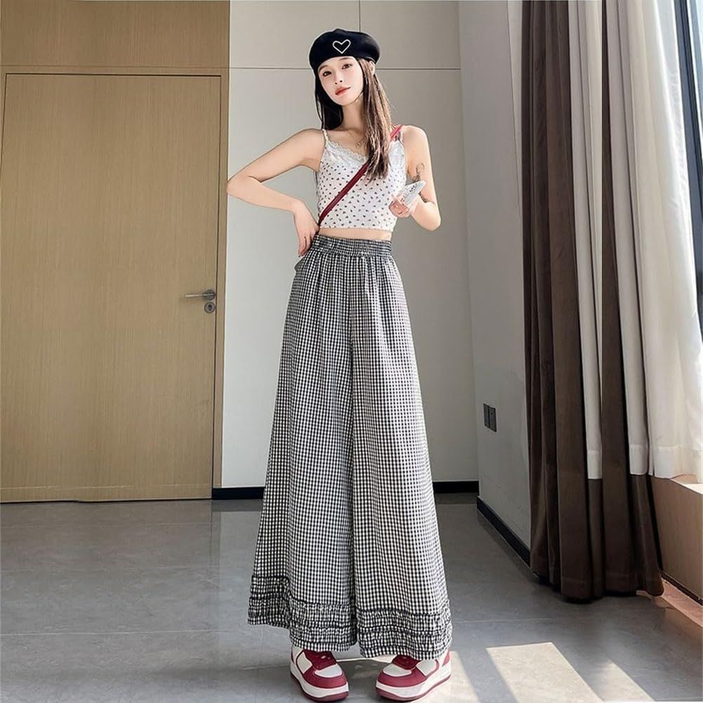 ロングパンツ レディース ワイドパンツ チェック柄 フリル