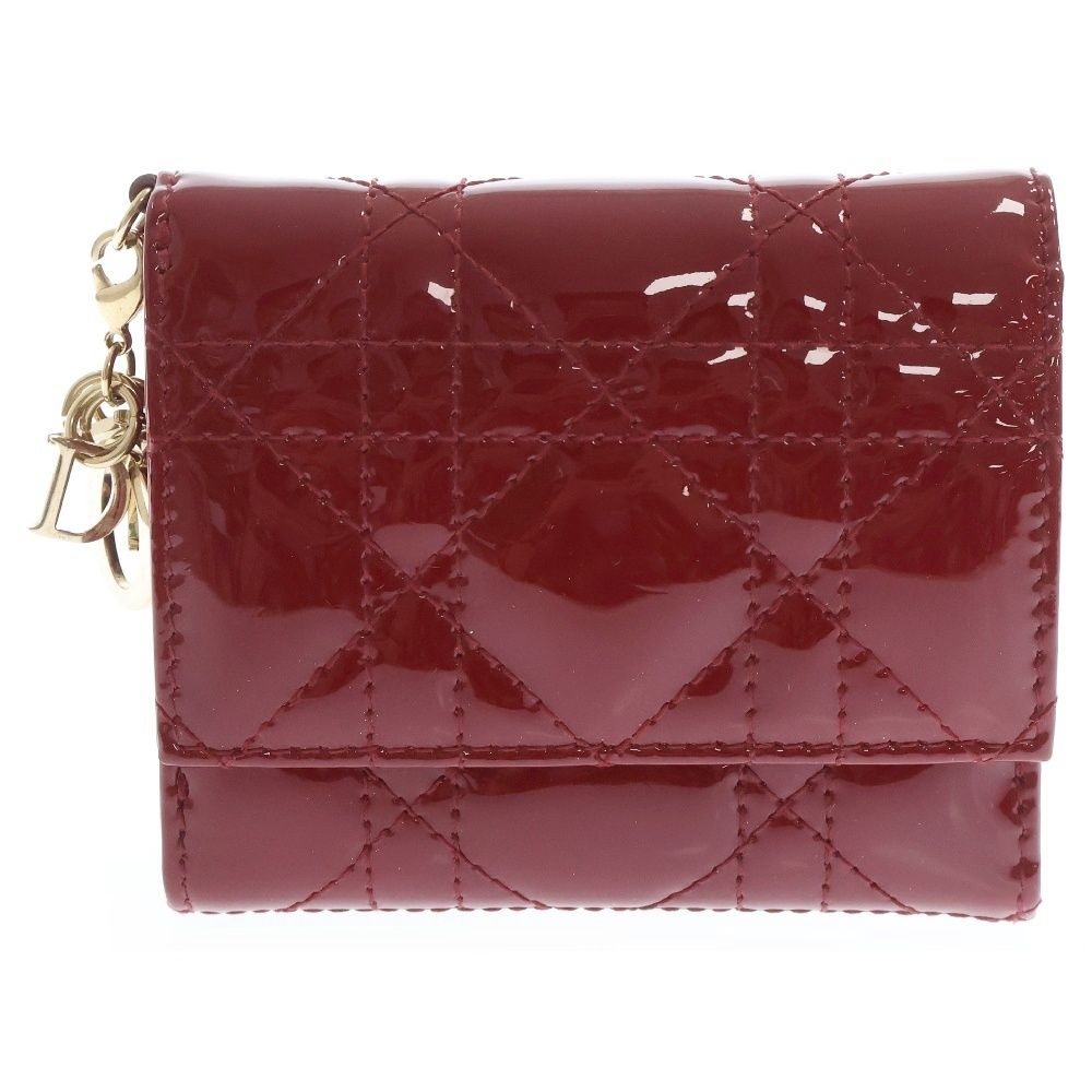 Christian Dior クリスチャンディオール LADY DIOR ロータスウォレット ロゴストラップ付 三つ折り ウォレット 財布 レッド S0181OVRB M323