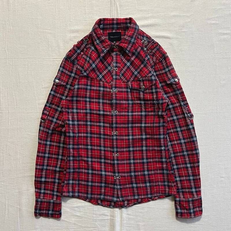 00s archive 赤 タータンチェック柄 ウエスタン調 長袖シャツ 肩ベルト