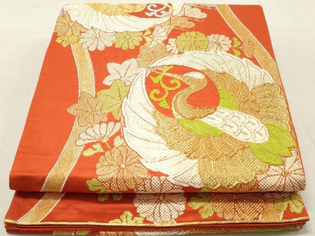 六通 袋帯 ラメ金糸織り 花鳥流水おしどり文様刺繍 正絹 ☆和装 着物 ◇S514◇六通袋帯 花鳥紋九百錦 純銀純金箔 着物帯 刺繍 四季花