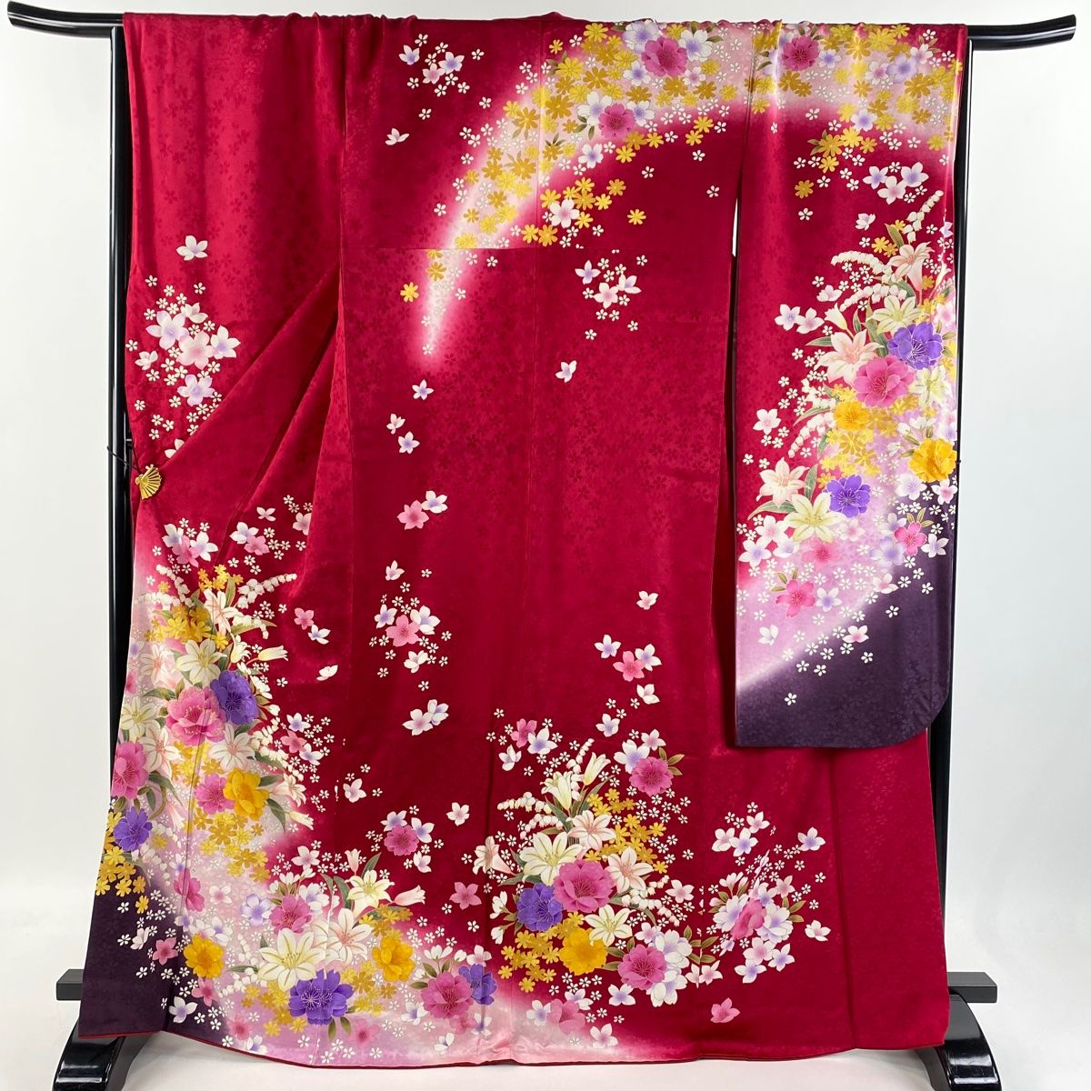 美品　孔雀　ラメ　逸品　金彩　赤　草花　フルセット　振袖　振り袖 振袖フルセット(7点)・赤・舞蝶・牡丹・金銀彩・箔・暈し染・箔