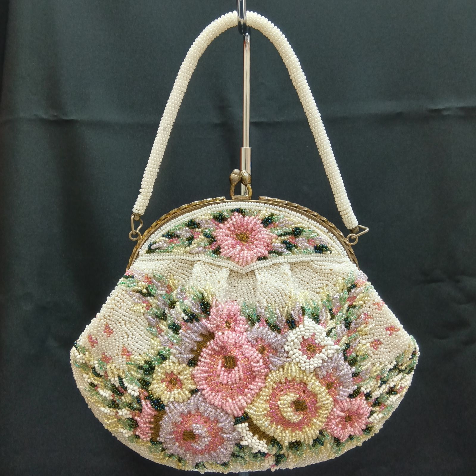 ビーズバッグ 和装 がま口 レトロ 花柄 アンティーク 昭和レトロ