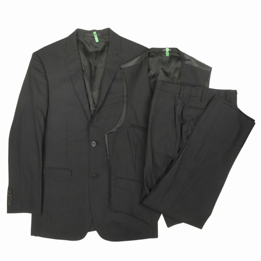 BURBERRY BLACK LABEL バーバリーブラックレーベル 3ピーススーツ テーラードジャケット ベスト スラックス 春夏用 38 ブラック メンズ 古着