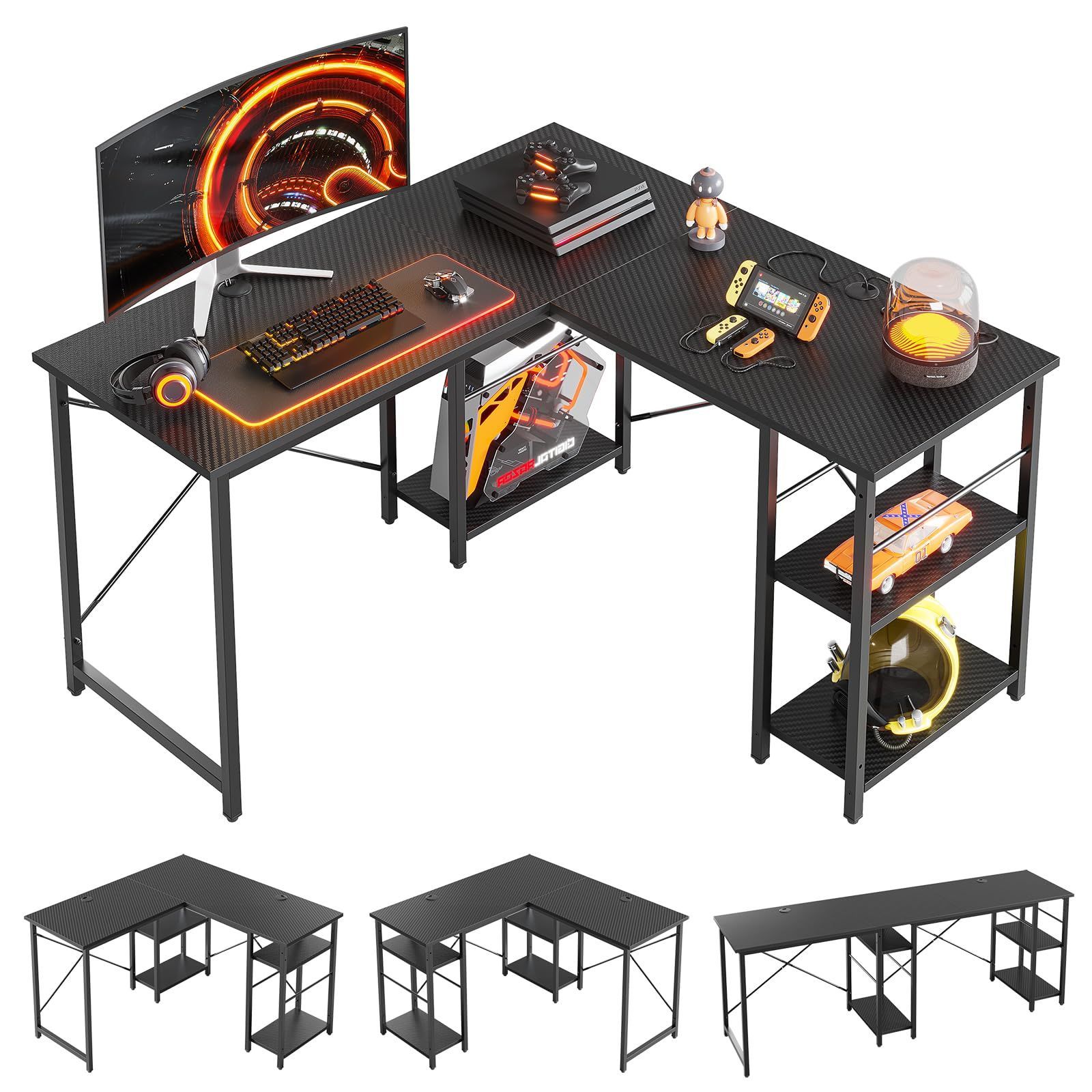 商品 Bestier ゲーミングデスク l字 パソコンデスク 幅120cm×奥行120cm デスク l字 机 棚付き コーナーデスク 収納 棚板高さ調節 ゲームデスク オフィスデスク 仕事用 在宅勤務 カーボン調ブラック