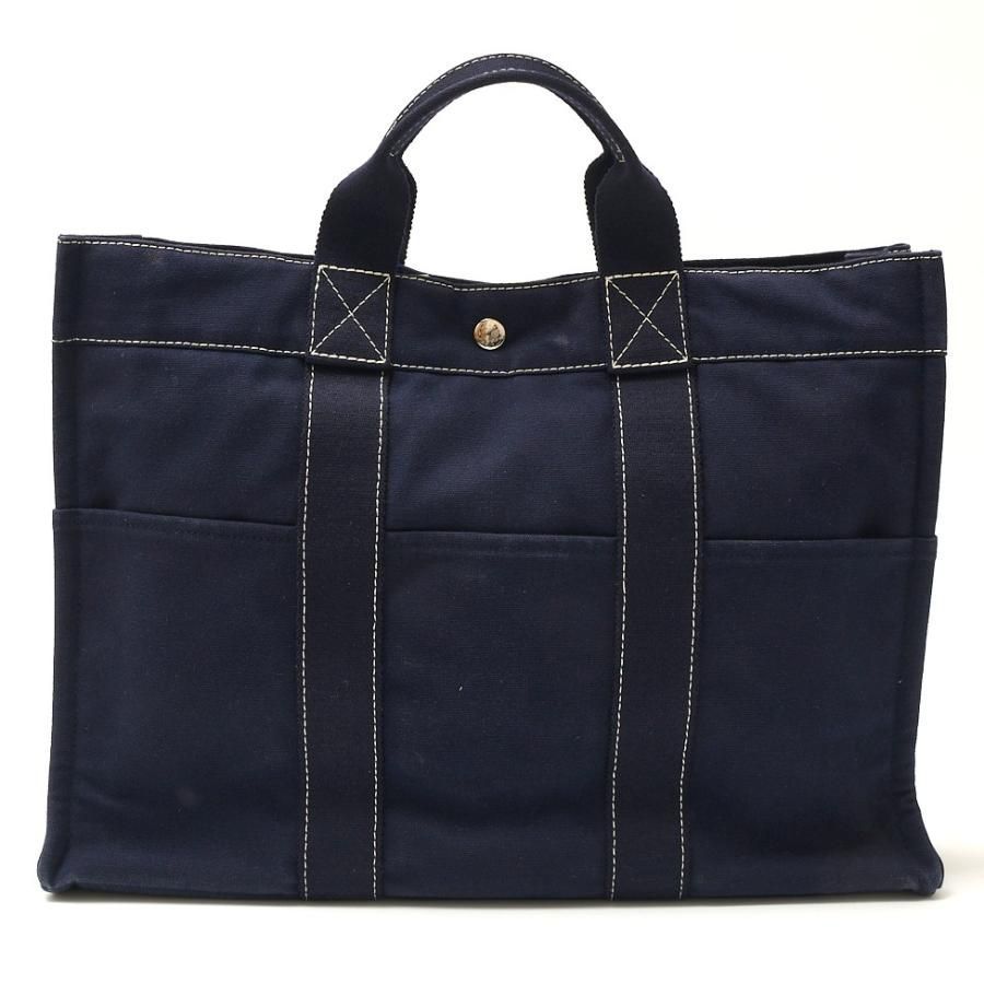 HERMES★ドーヴィルMM トートバッグ ネイビー HERMES エルメス ドーヴィル MM ハンドバッグ キャンバス×レザー