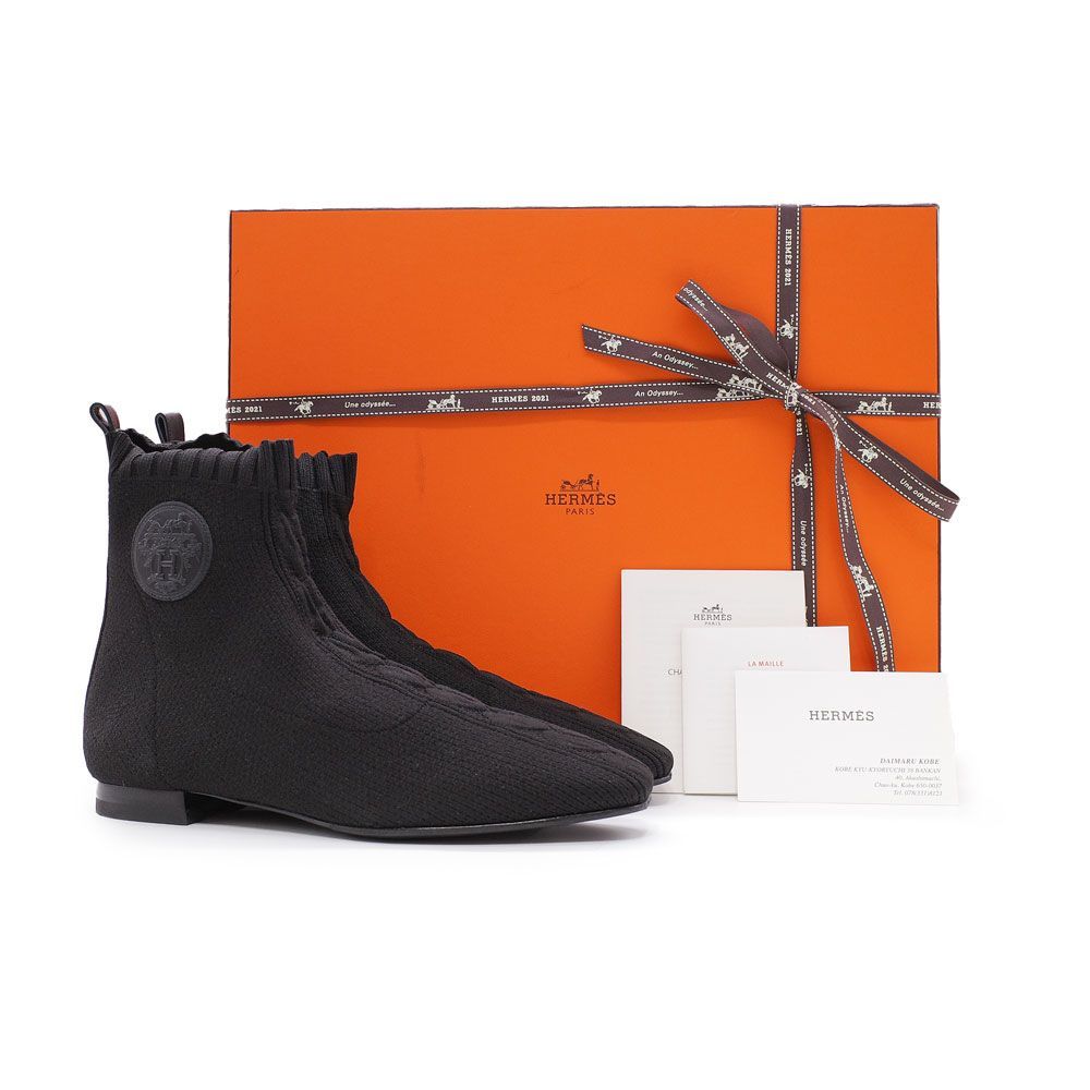 HERMES エルメス ヴォルヴェール アンクルブーツ ブーツ H212162Z レザー  ニット ブラック   Hロゴ 36【本物保証】