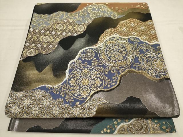 平和屋着物▽六通柄袋帯 古典衣更紗文様 黒地 金銀糸 正絹 逸品