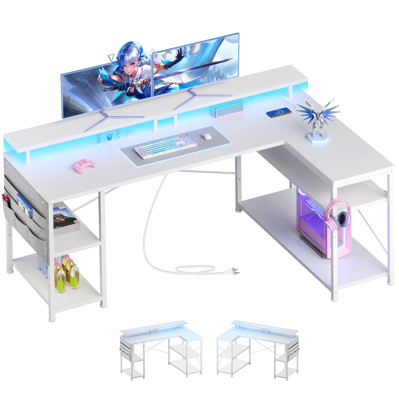 新着商品 LEDライト付き ゲーミングデスク 幅130cm l字デスク モニター台付き パソコンデスクpcデスク コーナーデスク 棚板高さ調節 YeTom 収納袋付きゲーミングテーブル 左右入れ替え対応 ゲーム 書斎白い
