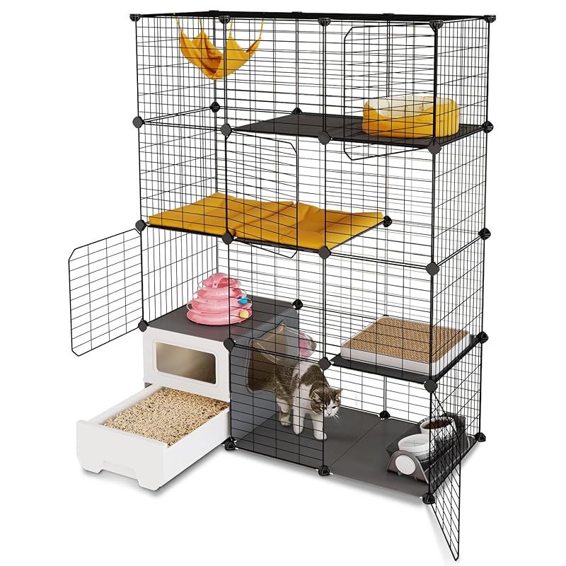 Topzoo 猫 ケージ トイレ付き 高さ143×幅107×奥行き45cm トイレ一体型 防臭 飛散軽減 3段 引き出し スコップ付き 掃除しやすい キャットケージ 組立簡単 猫用ケージ 大型 幅広 多頭飼い 脱走防止 コンパクト 子猫 保護用 室内用 日本語