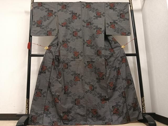 平和屋着物 本場大島紬 一元絣 色紙草花文 正絹 AABA8936ph