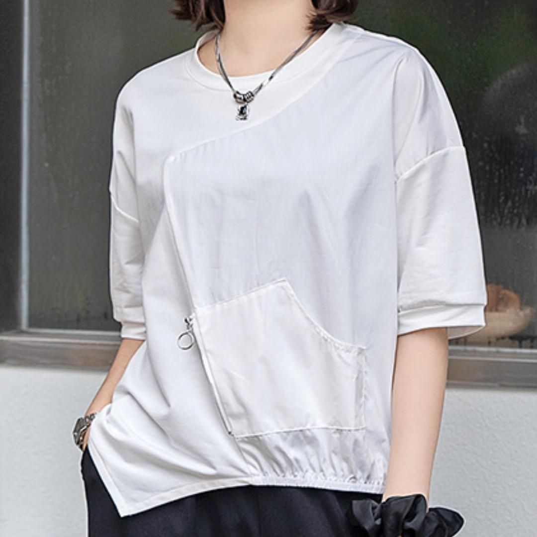 競売 アシンメトリー変形カットソー 春夏 半袖Tシャツ レディース 白 トップス