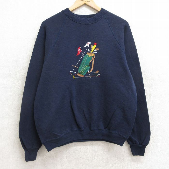 L/古着 リー Lee 長袖 スウェット メンズ 90s ゴルフ 刺繍 ラグラン クルーネック 紺 ネイビー 24sep09 中古 スエット トレーナー トップス