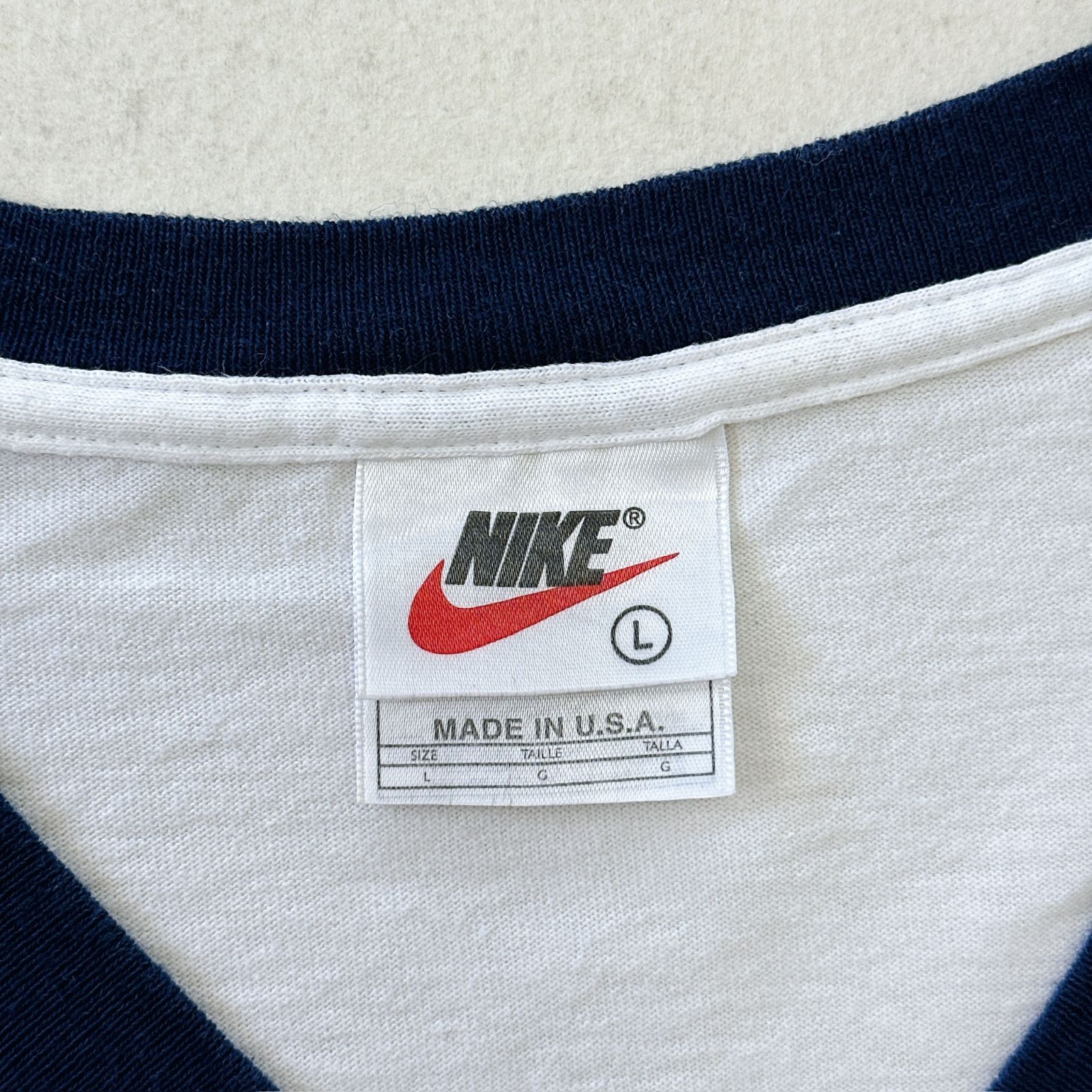 USA製 90s NIKE リンガーTシャツ ワンポイント刺繍 ホワイト 銀