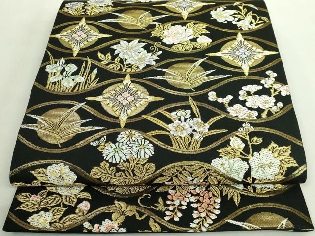 平和屋着物 上 伝統工芸士 染の匠美 六通柄袋帯 唐織 草花文 黒地 金糸 DZAA8567kh5
