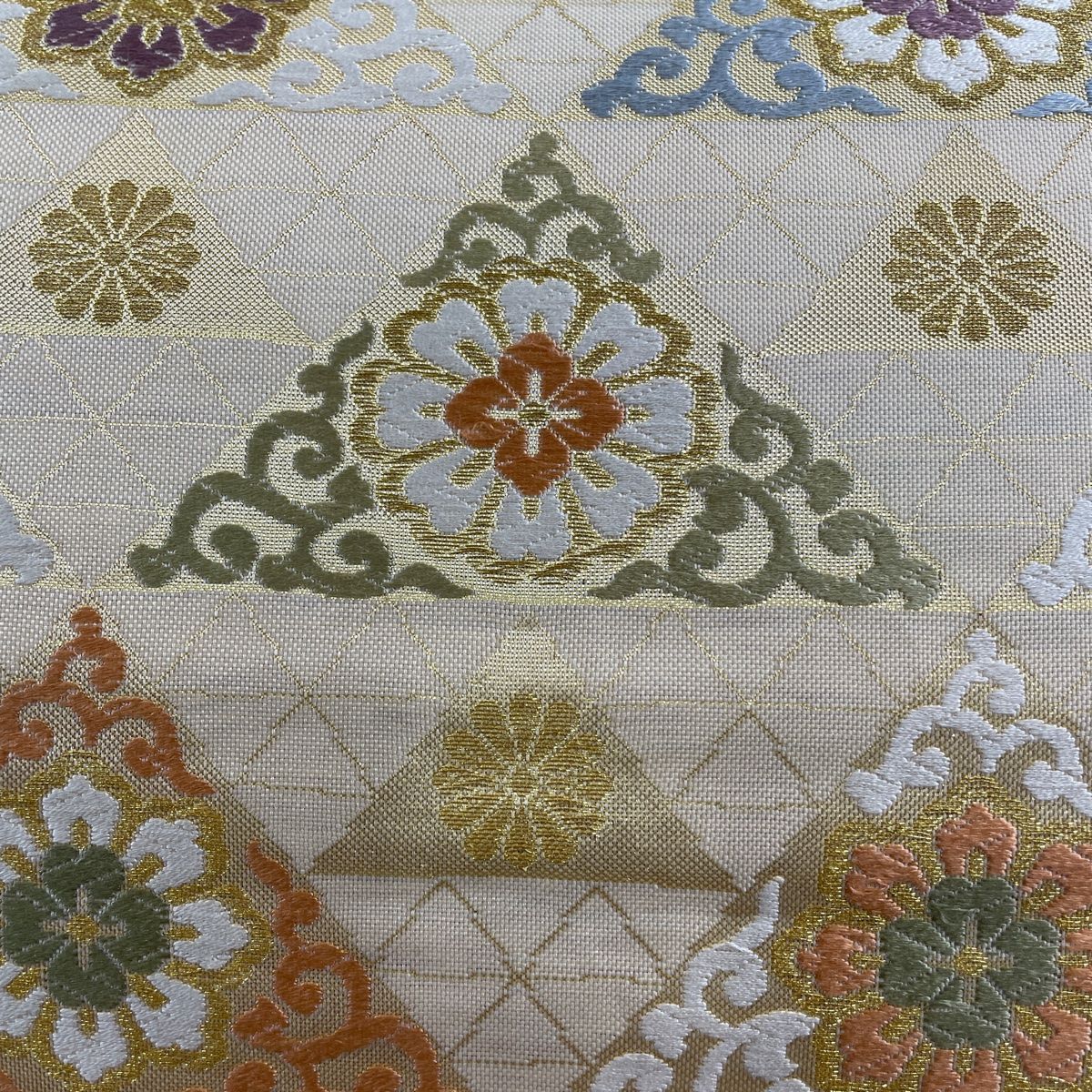 袋帯 秀品 鱗 花 金糸 箔 ベージュ 六通 正絹 中古 : リユース