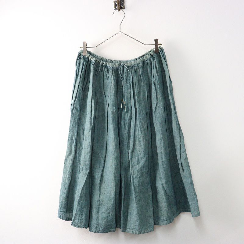マキマロ 草木染色加工 リネンギャザーフレアスカート グリーン系/麻  