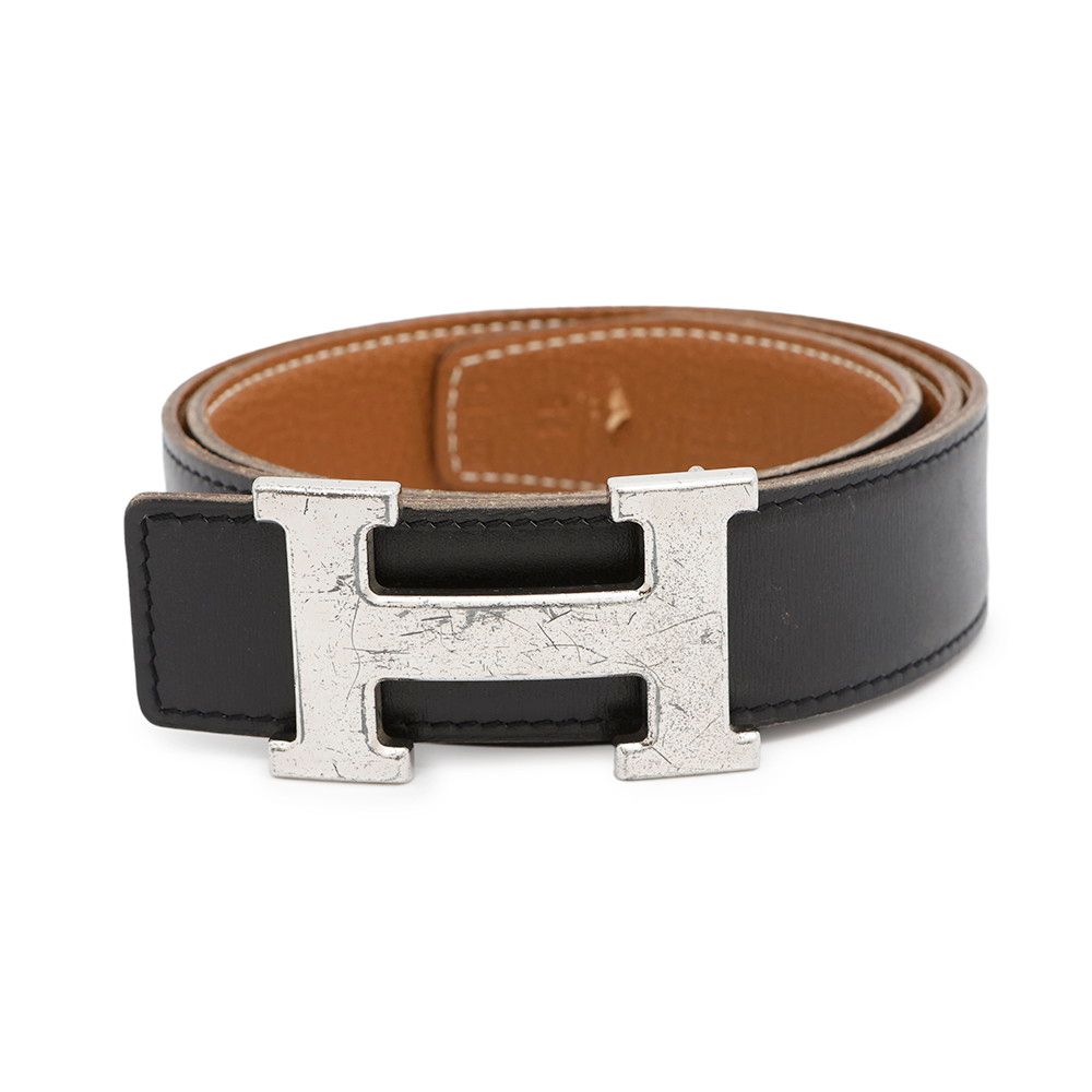 エルメス ベルト Hベルト ブラック|ゴールド|シルバー金具 ボックスカーフ|トゴ サイズ75 □F刻印 HERMES 黒