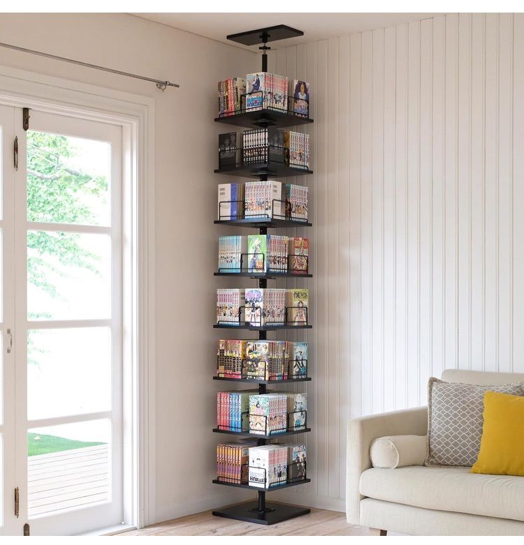 山善 YAMAZEN 本棚 突っ張り 回転式本棚 つっぱり棚 回転 大容量 全体耐荷重120kg 省スペース ラック 8段 幅34cm×奥行34cm×高さ222-262cm ブックシェルフ 組立品 ブラック|マットブラック RTKH-3434 BK|MBK