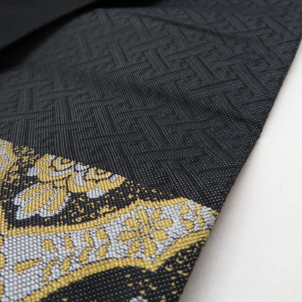 袋帯 織り柄 花菱格子文様 黒色 黄色 六通柄 正絹 セミフォーマル