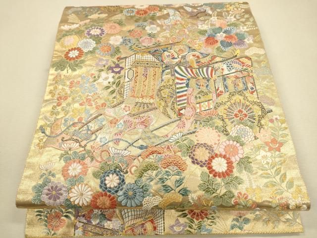 正絹 夏帯　六通袋帯 【花々 麻の葉】 No.1760 袋帯 美品 名品 草花 縞 金銀糸 箔 黒灰 六通 正絹