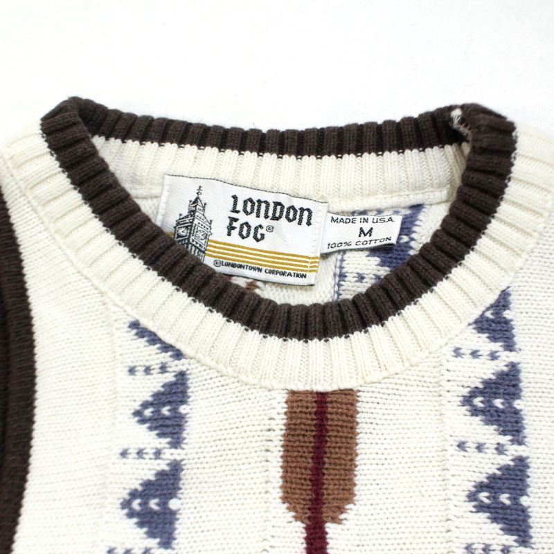 90s USA製 vintage LONDON FOG 総柄 3D コットン ニットセーター