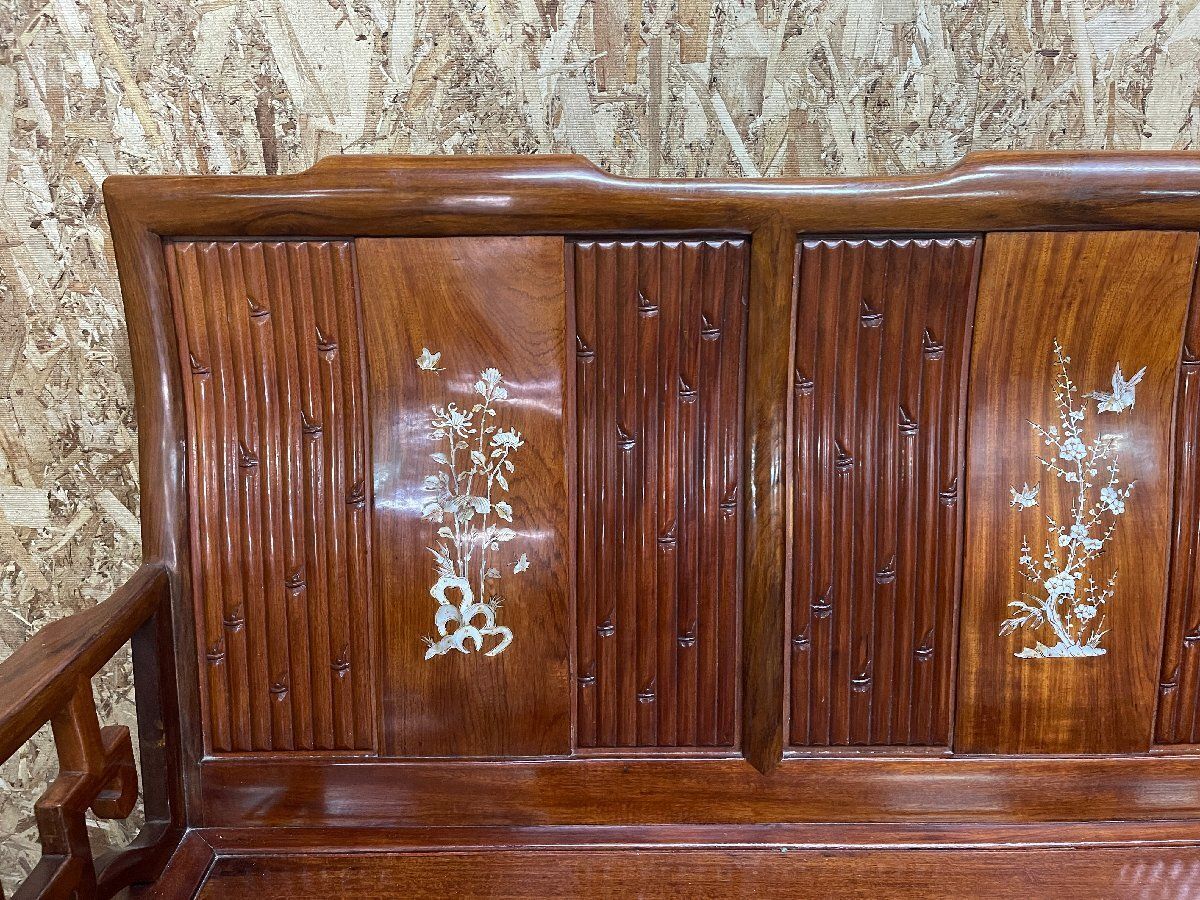 引き取り□花梨 唐木 螺鈿細工 ソファベンチ イス 長椅子 木製