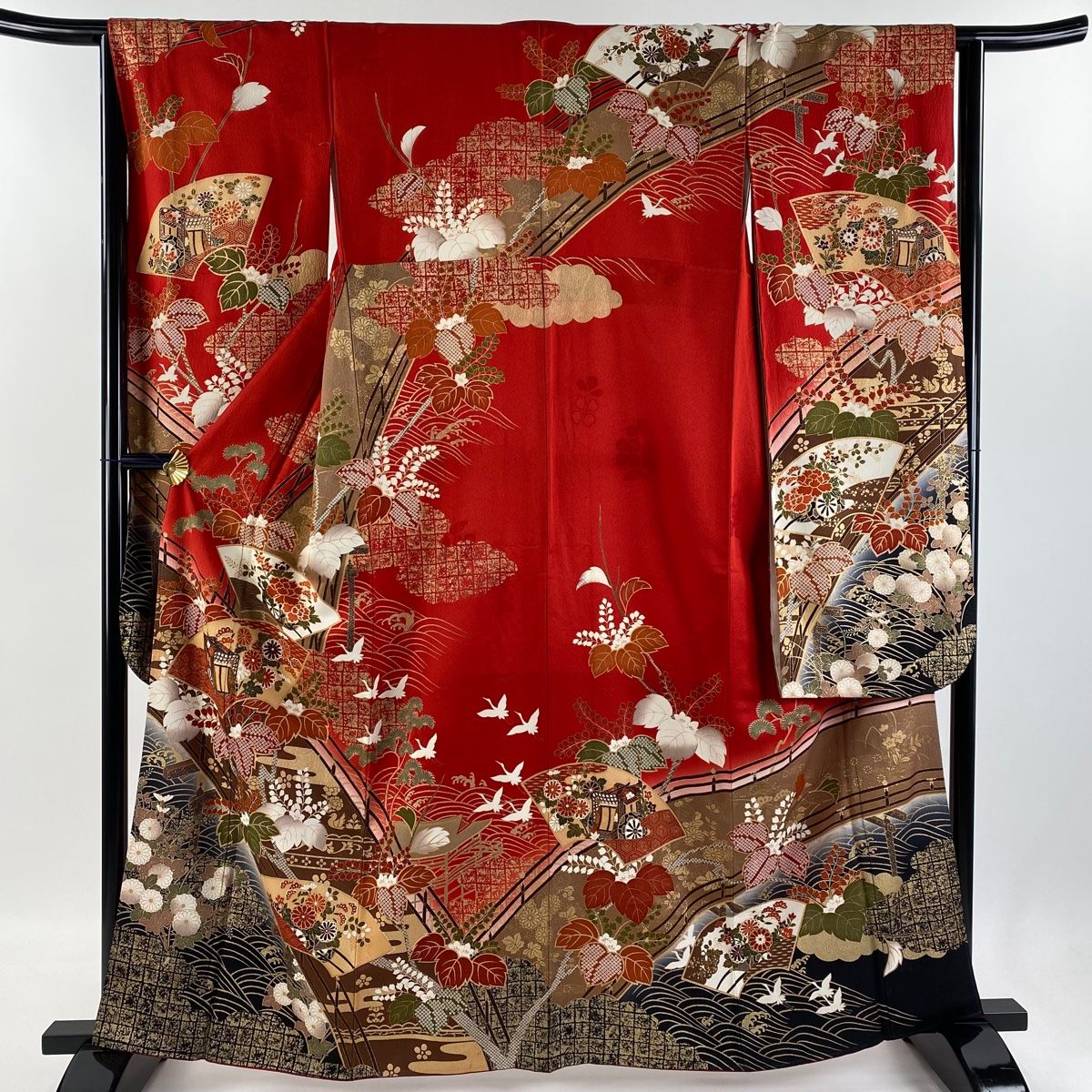 ペンギン　美品正絹振袖　165〜175cm 振袖 身丈162cm 裄丈64cm M 袷 扇面 橋 金彩 染め分け 赤 正絹