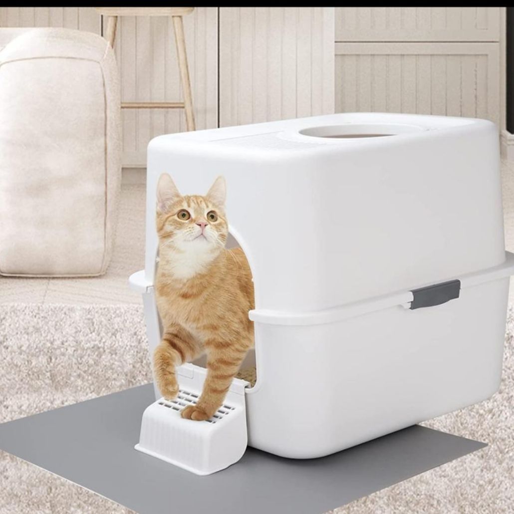 【新品】猫砂箱 蓋付き 完全密閉型 防滴トイレボックス トップエントリー猫用砂箱 組み立てと取り付け簡単 グレー Sサイズ