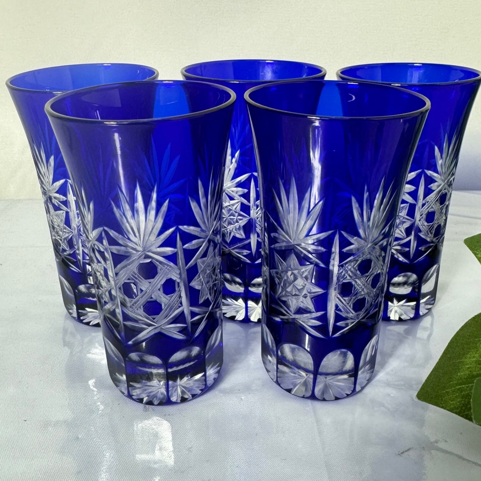藍 切子グラス ビールグラス 5客セット 一口グラス コップ 青色 カット 