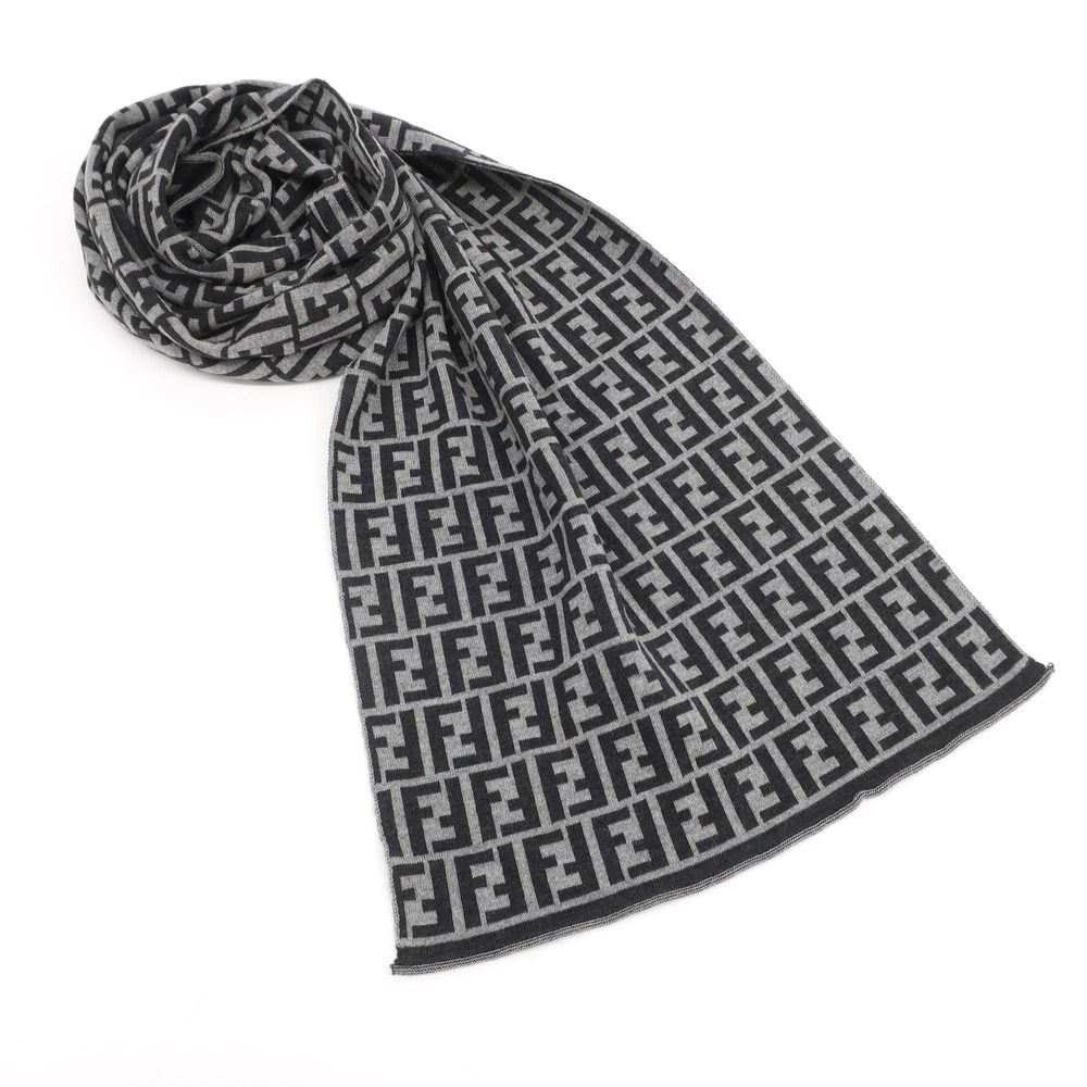 FENDI フェンディ マフラー ズッカ ロゴ 黒 ブラック グレー 総柄 FENDI フェンディ マフラー ズッカ柄 グレー×ブラック レディース