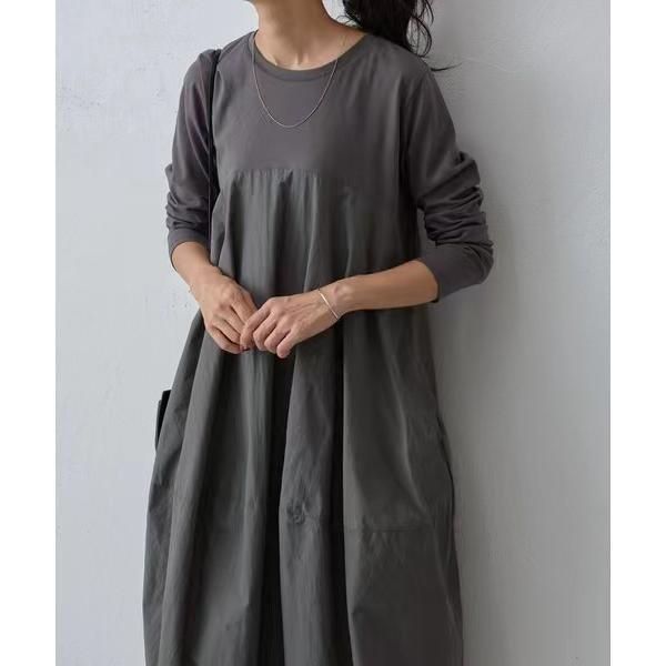 ワンピース40代 2025春 長袖 切り替え コクーン ワンピースロング 黒ワンピース ゆったり 体型カバー カジュアル TEY6934