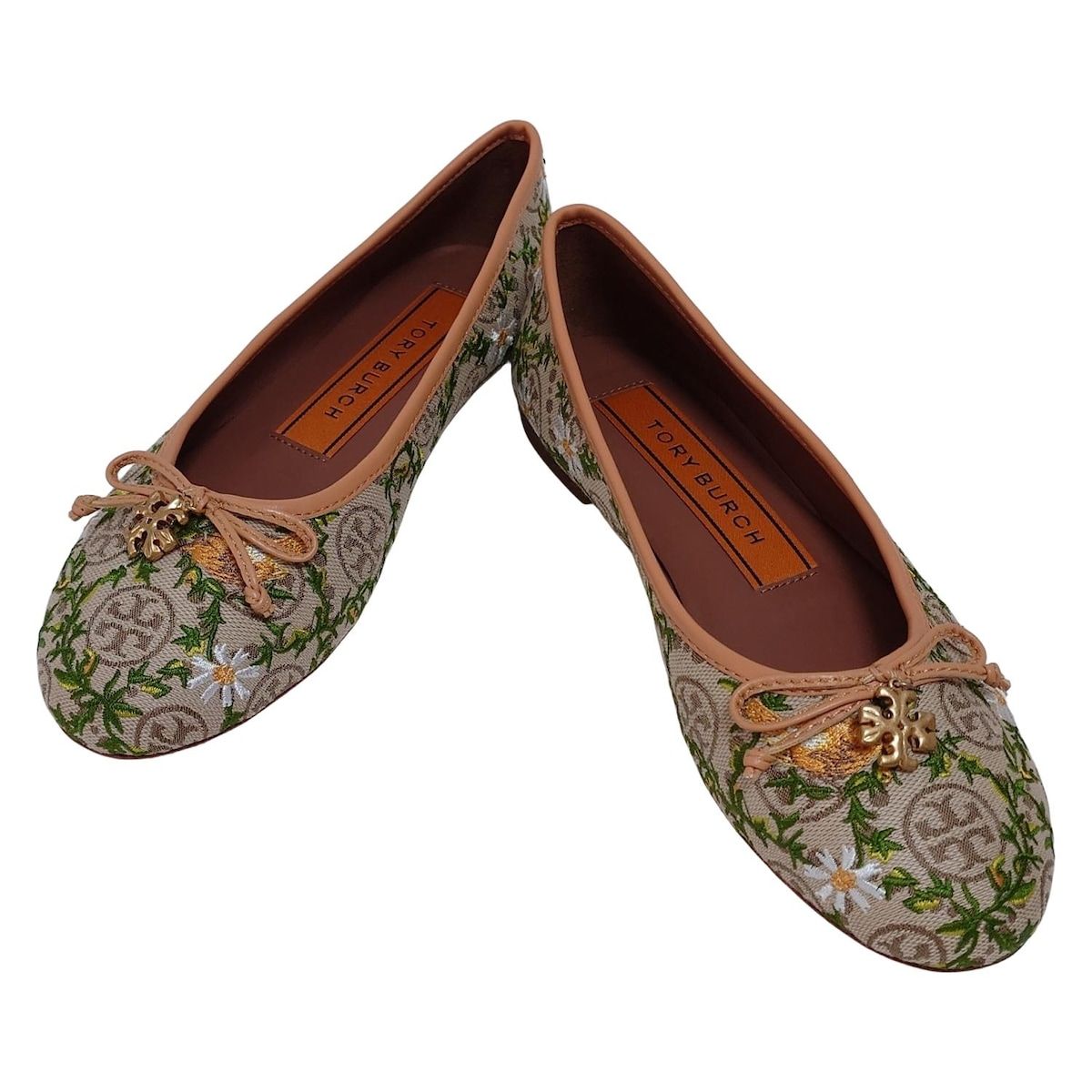 TORY BURCH トリーバーチ フラットシューズ 5.5M レディース - ベージュ×グリーン×マルチ 刺繍 レザー