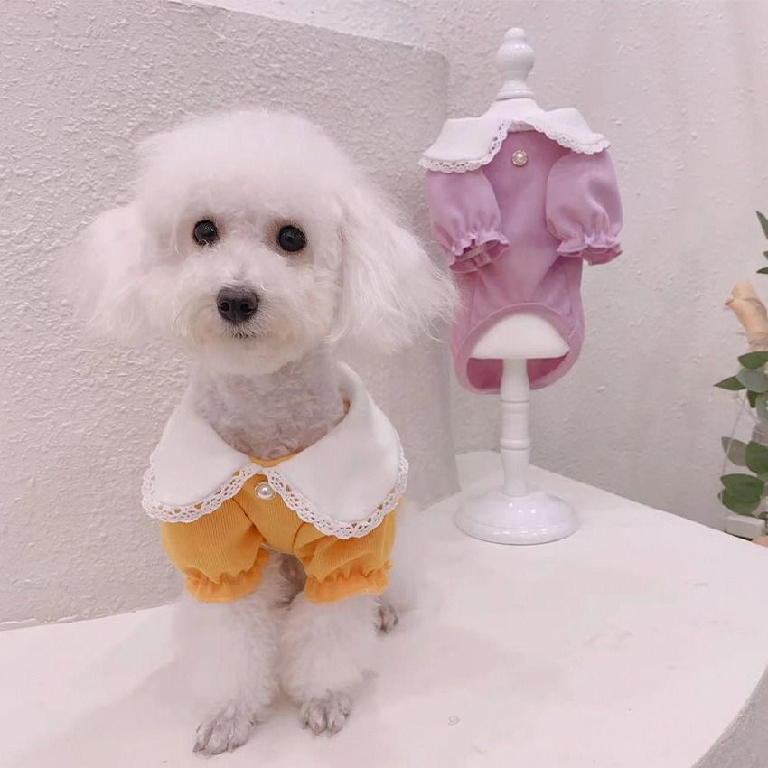 犬服 冬服 ドッグウェア フリル パール 黄色 犬 猫 ペット服 秋 冬 人形 首輪 パフ スリーブ 服 ビション ポメラニアン マルチーズ