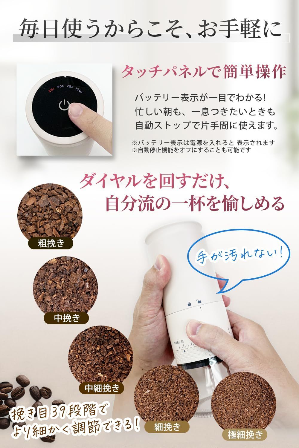 電動 コーヒーミル ホワイト 粗挽き細挽き調整可能 水洗い可能 USB電源 電動 コーヒーミル ホワイト 粗挽き細挽き調整可能 水洗い可能 USB電源