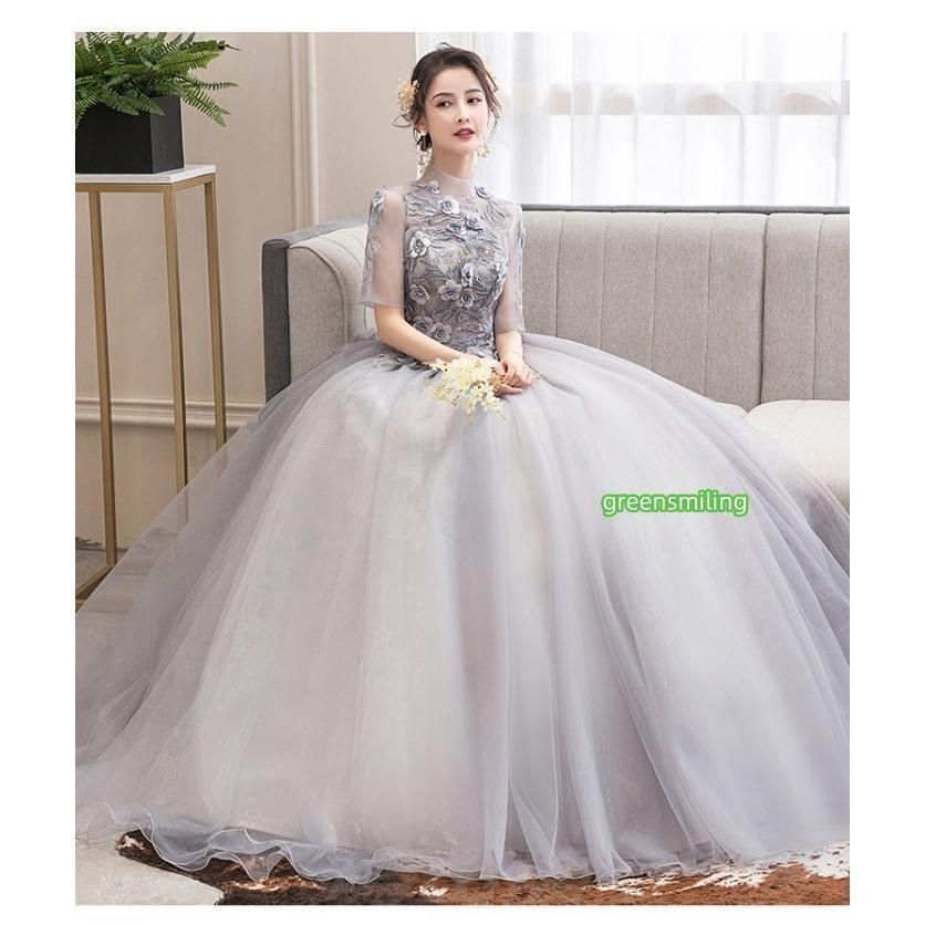 ドレス お色直し グレー 灰色 結婚式 ロングドレス 演奏会 長袖あり 袖付き ハイネック ファスナーバック パーティードレス フォト婚WP数量 価格926 MAAHADDERANG_COM