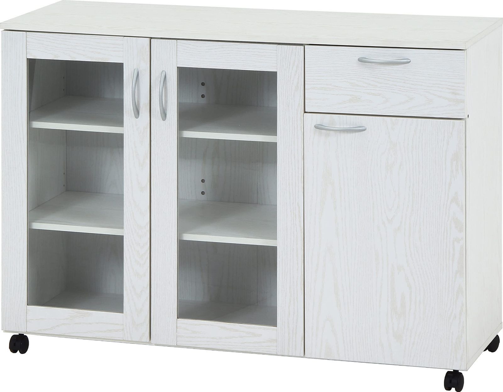 新着商品 キャスター付き 木目調 ホワイト 86963 オーク 幅115.2×奥行39.8×高さ84㎝ キッチン収納 食器棚 不二貿易