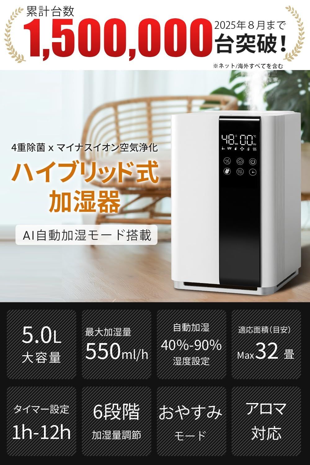 2025新登場 AIスマート 加湿器 大容量 5L 知能恒湿 ハイブリッド式加湿器 加熱式 -超音波式 4重除菌 - マイナスイオン 抗菌カートリッジ 空気清浄機能 100℃高温除菌 アロマ対応 上から注水 パワフル加湿 省エネ 静音設計 リモコン付