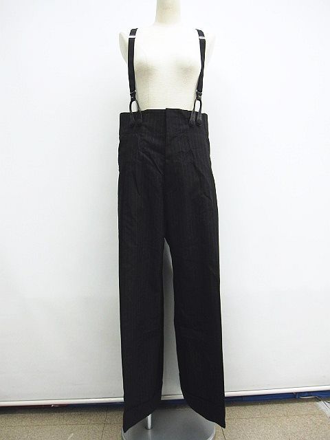 ヨウジヤマモト ワイドパンツ サスペンダー ストライプ 黒系 ウール混 サイズXS L0001-0415-3