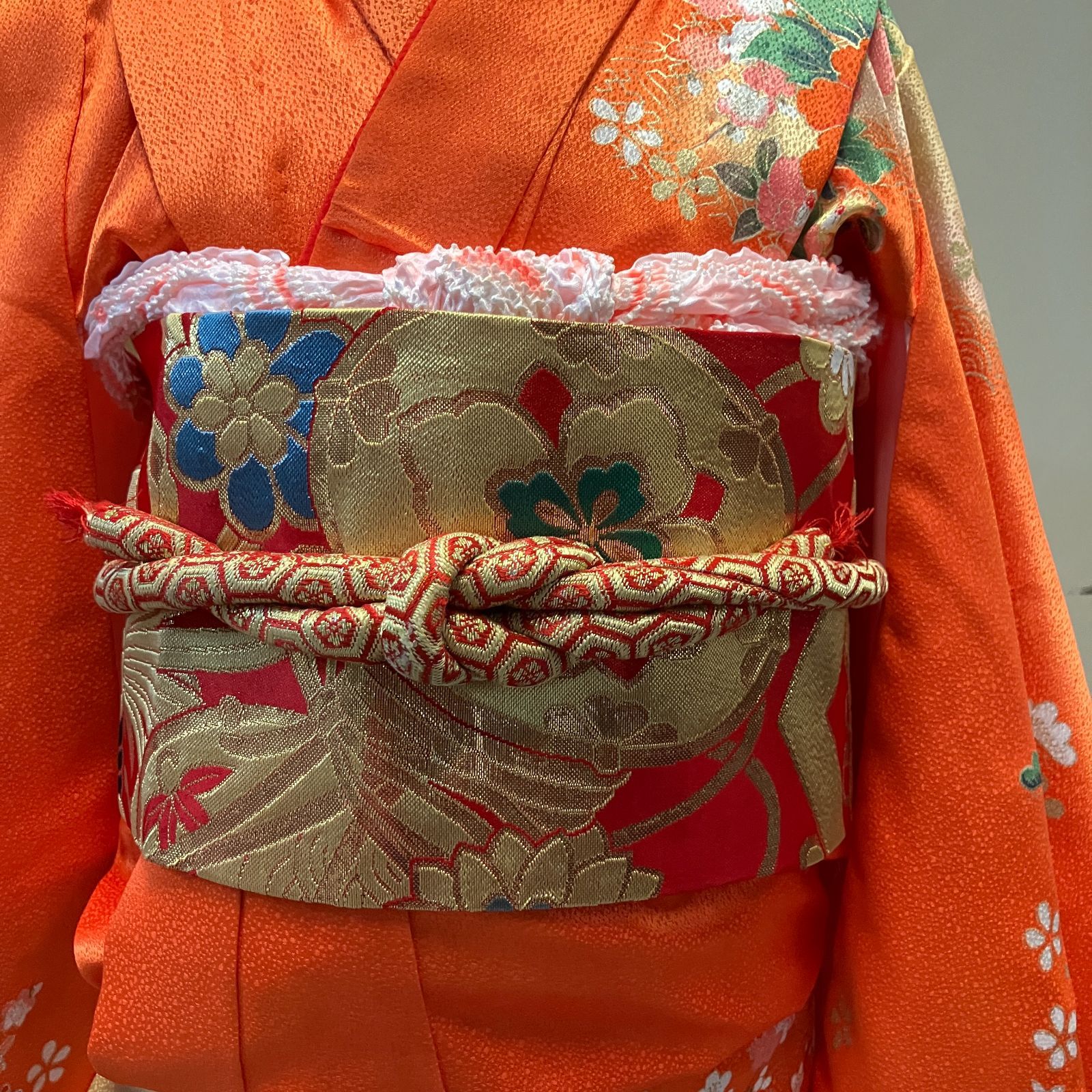 七五三 7歳女の子 着物 四つ身 朱 オレンジ 長襦袢 作り帯セット