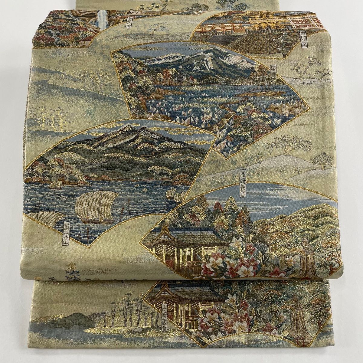 袋帯 美品 秀品 風景 樹木 箔 山吹茶色 お太鼓柄 正絹 【中古】 袋帯 秀