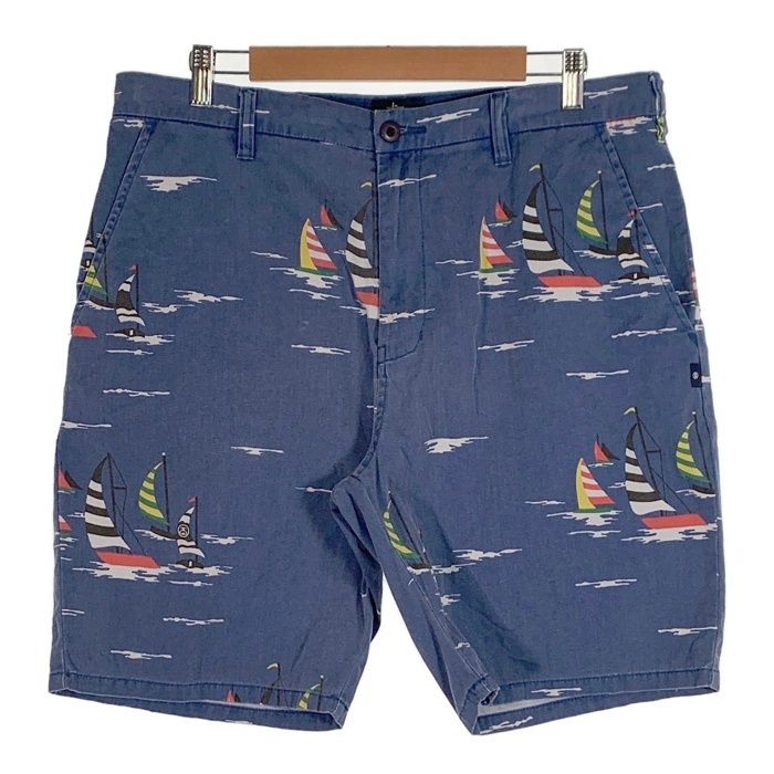 STUSSY / ショートパンツ/34/コットン/BLU// STUSSY ステューシー ウォッシュ加工 ヨット総柄 コットン ショート