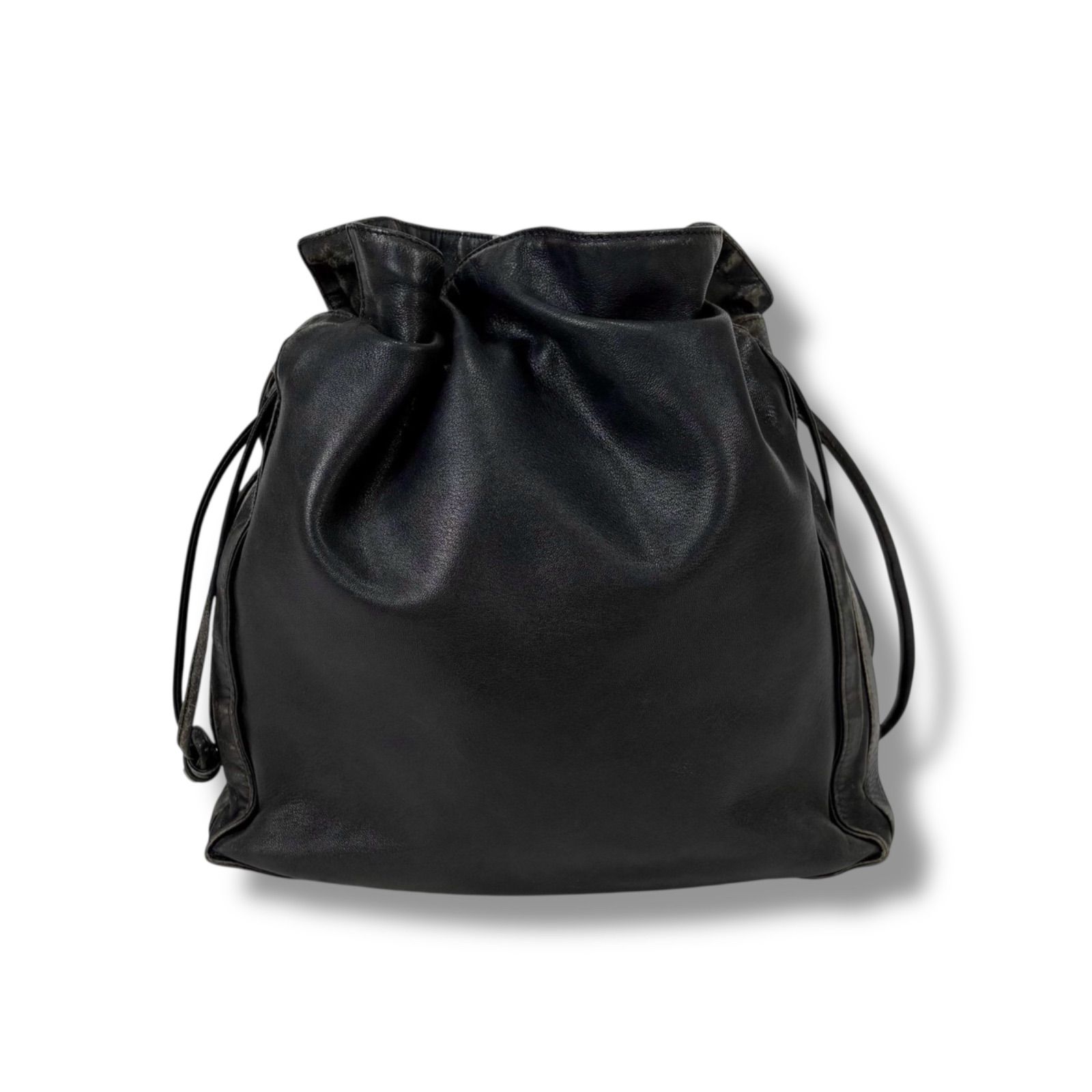 美品 ロエベ LOEWE アナグラム 巾着 丸型 ハンドバッグ ポーチ ブラック LOEWE ロエベ アナグラム ナッパレザー ミニバッグ 巾着