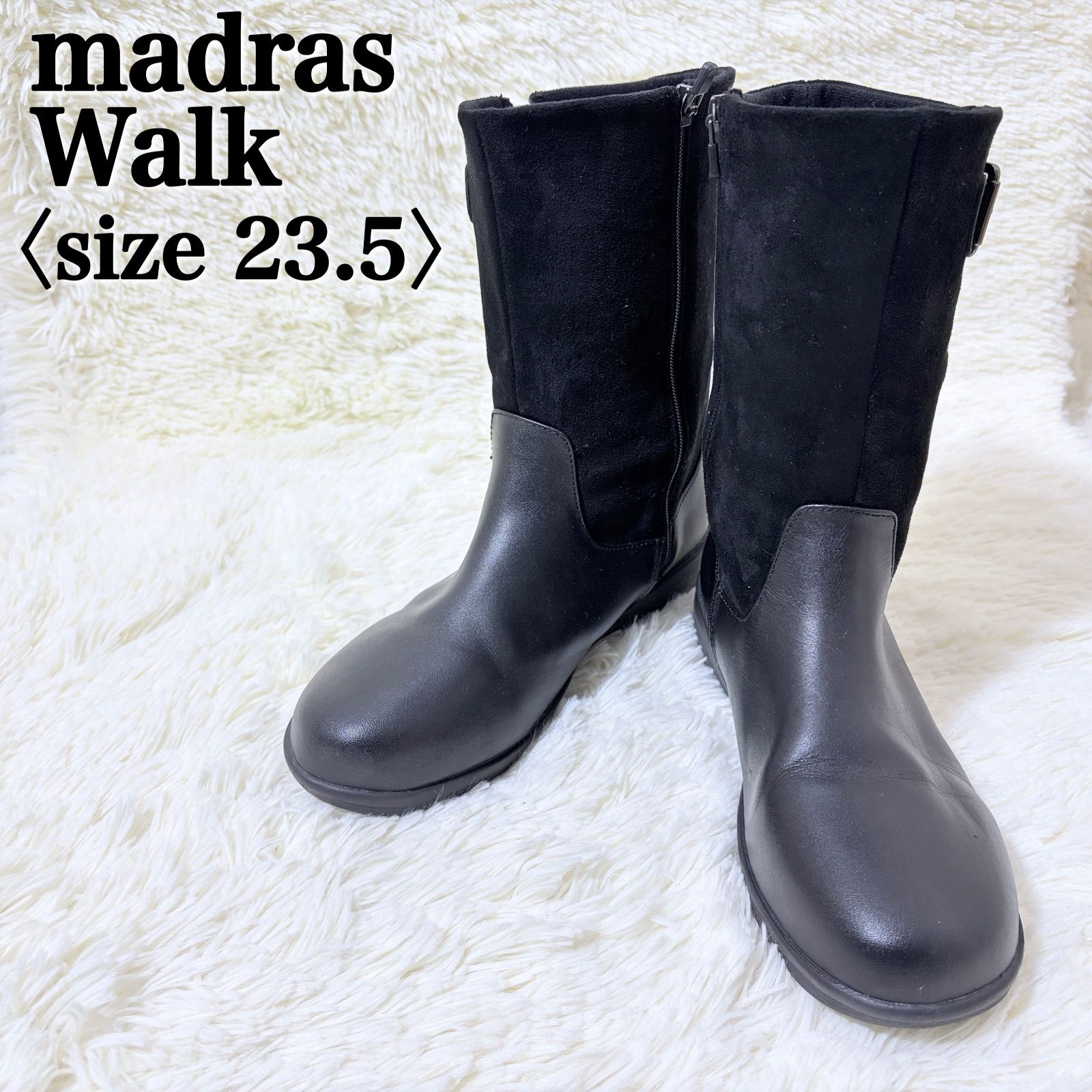 きコメント大 ! マドラスウォーク madras Walk ゴアテックス 防水 幅広 4E サイドジップ ベルト 本革 スエード 23.5cm ブラック レディース 管理番号S0073