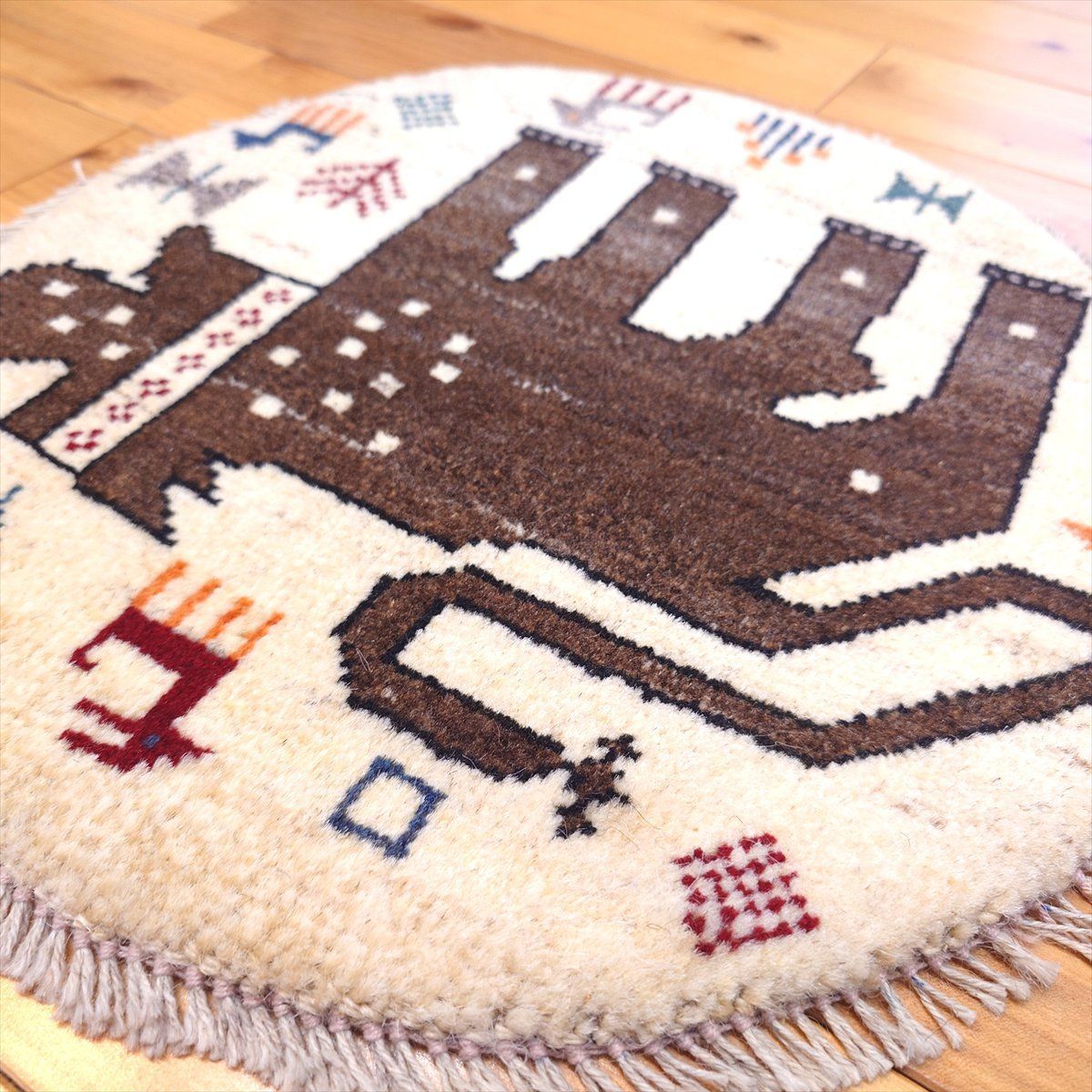 ペルシャ ギャッベ アマレバフト ミニマット 横40Φ40㎝ 円形 ライオン