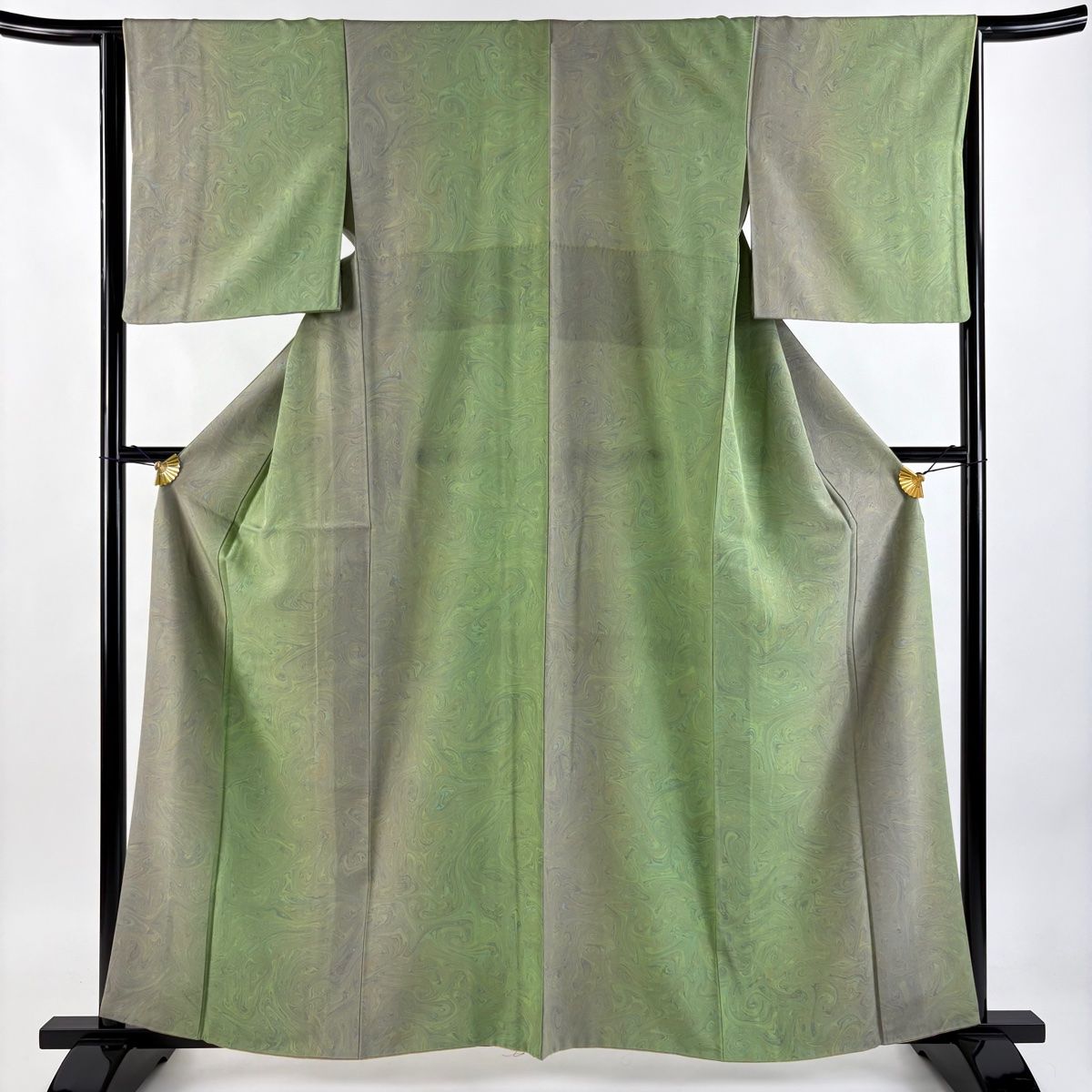 小紋 身丈160.5cm 裄丈63.5cm S 袷 墨流し 灰緑 正絹