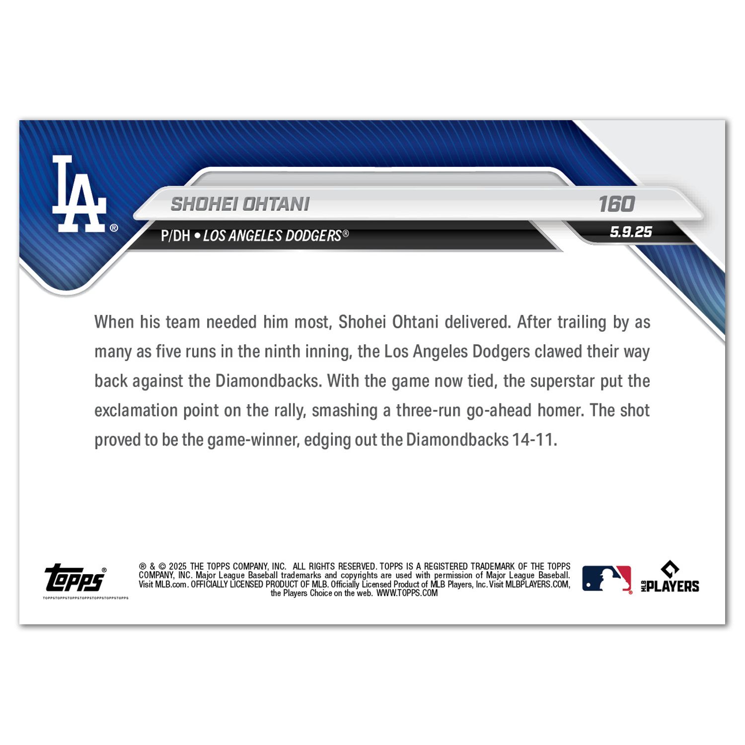 5-160【新品スリーブ&ローダー入り】大谷翔平 勝ち越し3ランHR確信