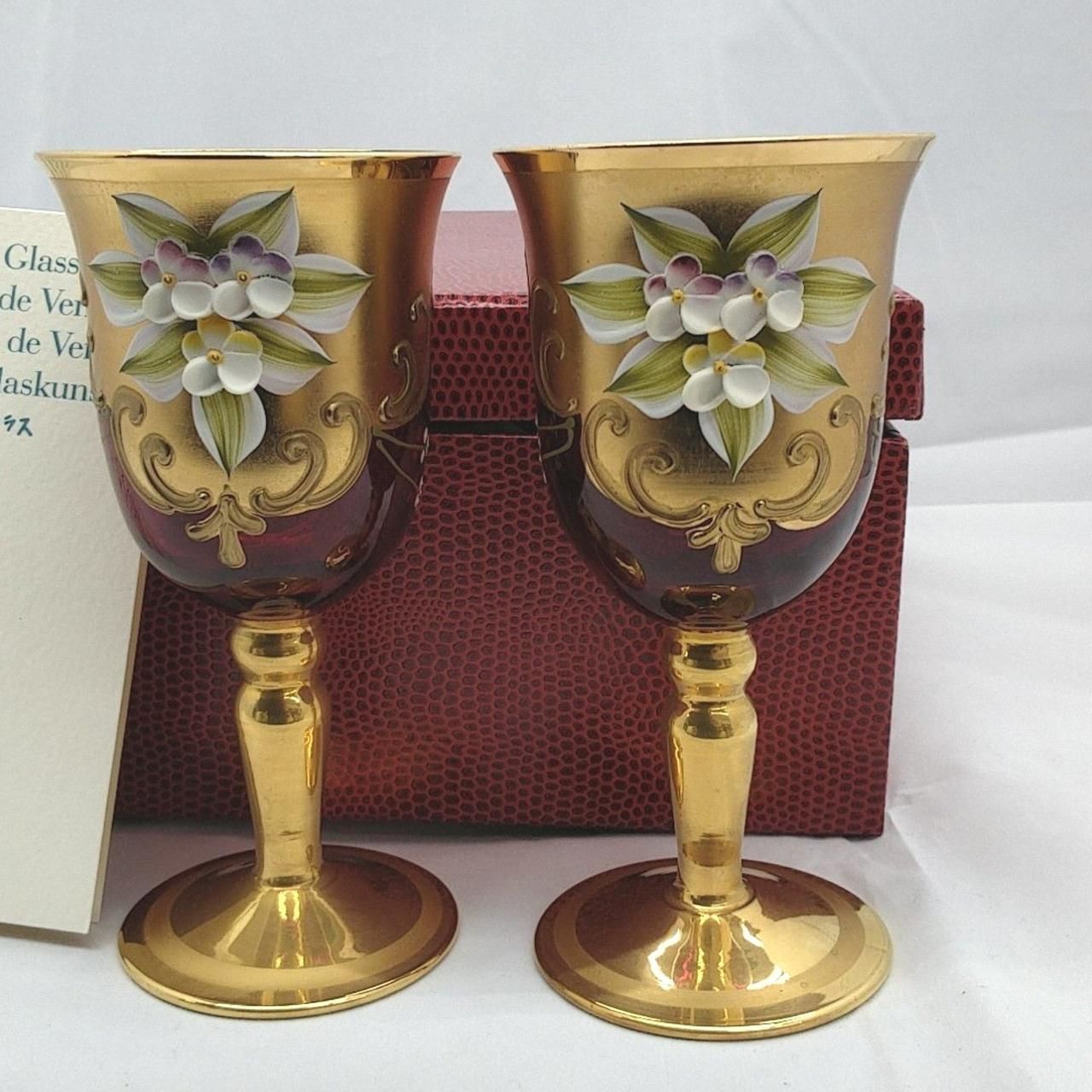 イタリア ムラーノ ベネチアングラス ワイングラス レッド&ゴールド