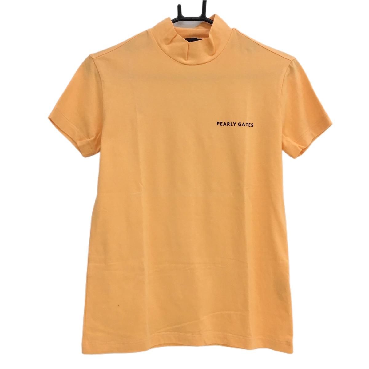 【美品】パーリーゲイツ 半袖ハイネックシャツ オレンジ シンプル ロゴプリント レディース 2(L) ゴルフウェア PEARLY GATES