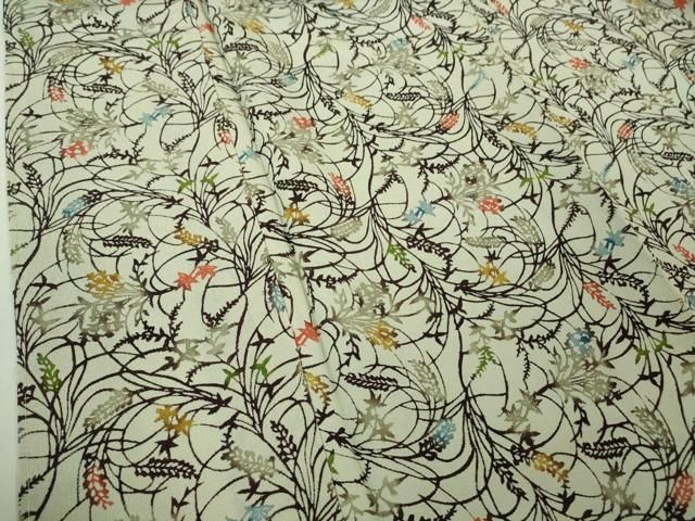 平和屋着物□極上 小紋 型染 草葉文 砂色地 鬼しぼ縮緬 逸品 未使用  